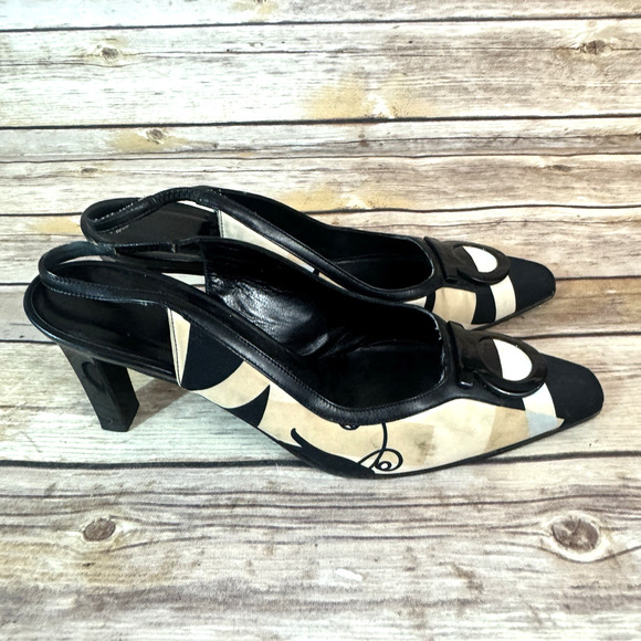 Salvatore Ferragamo Womens Tan Black Satin & Leather Slingback Heels 7B - Picture 2 of 16